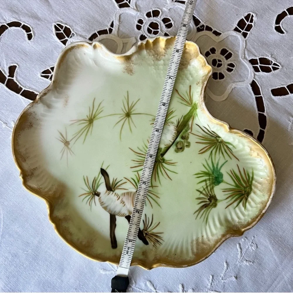 Limoges Vintage Unique Shape Dish Ceramic Ivory/Whit/Green w/ Gold Trim - Picture 6 of 15
